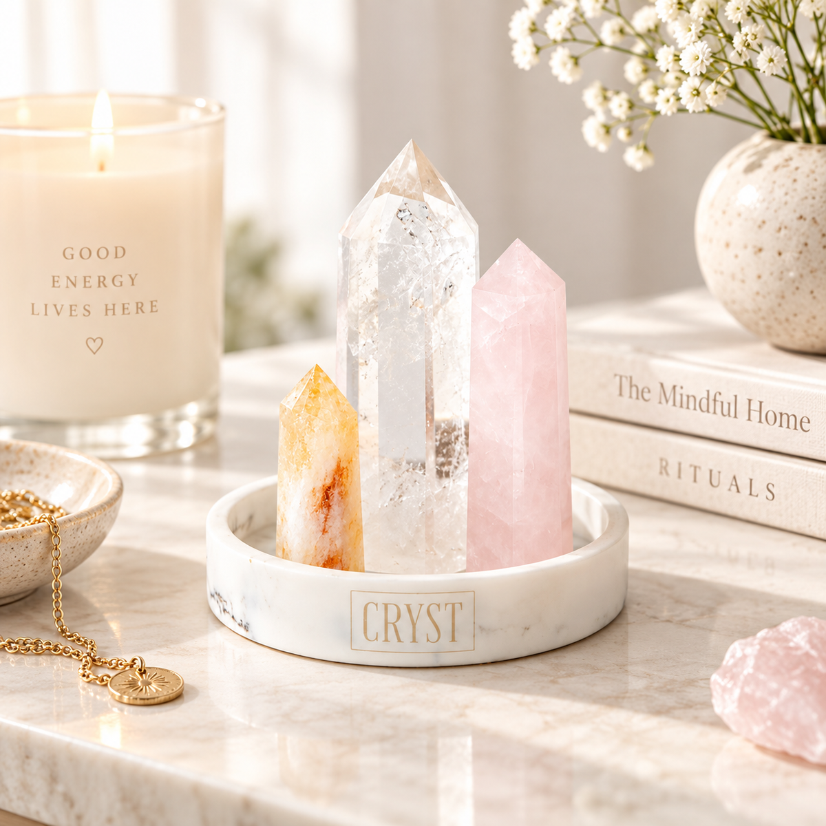 Abundance Crystal Trio - Citrine, Rose Quartz + Clear Quartz
