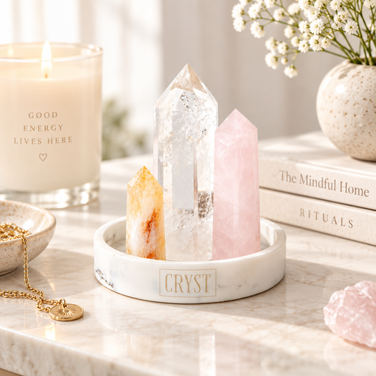Abundance Crystal Trio - Citrine, Rose Quartz + Clear Quartz